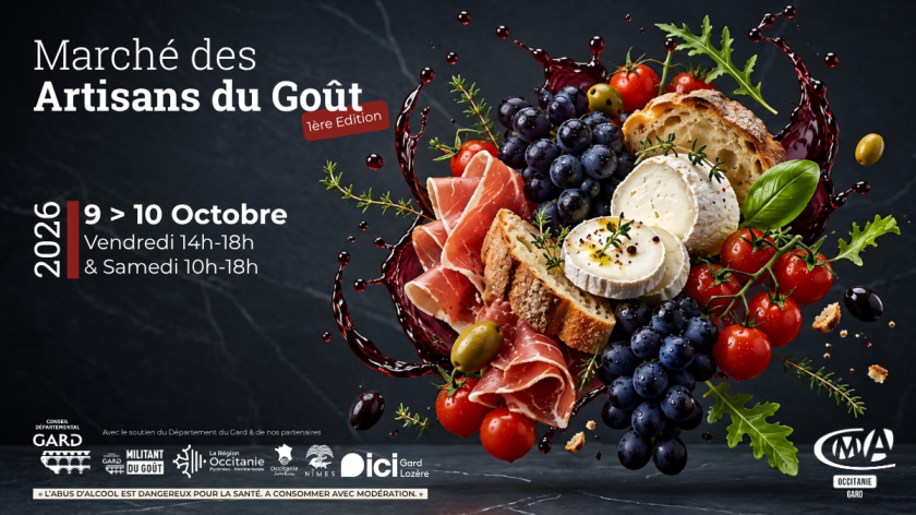 Affiche du Marché des Artisans du Goût 2026 à Nîmes, organisé par la CMA du Gard les 9 et 10 octobre.