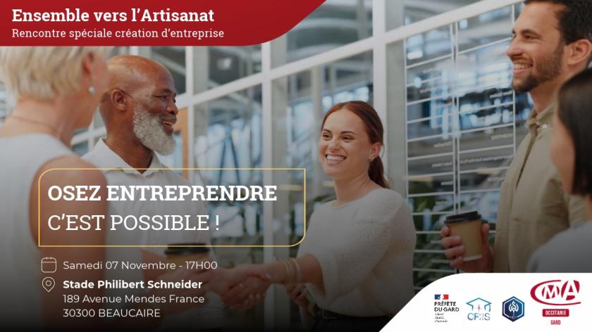 Visuel de l'événement « Ensemble vers l'Artisanat », une rencontre dédiée à la création d'entreprise, organisée le 7 novembre 2026 à 17h au stade Philibert Schneider à Beaucaire (Gard).