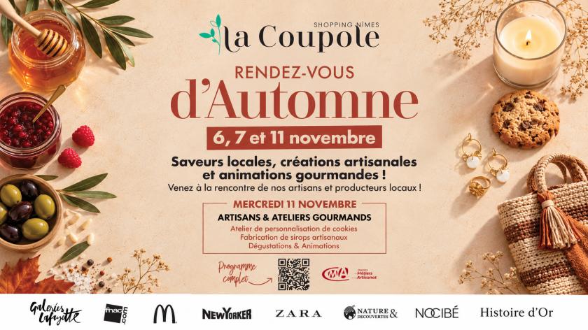 Visuel des Rendez-vous d’Automne 2026 à La Coupole de Nîmes, les 6, 7 et 11 novembre, avec marché artisanal et ateliers gourmands.